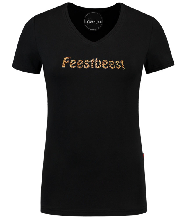 Party t-shirt dames V hals zwart met tijger print opdruk Feestbeest