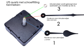 Extra sterk quartz met slepende secondeas,  AA, inclusief wijzers. A = 16 mm