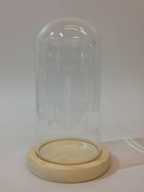 Glazen stolp met blank houten voet voor skeletklokken of jaarpendules 90/180 mm