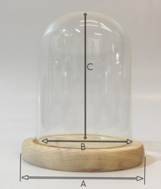 Glazen stolp met blank houten voet voor skeletklokken of jaarpendules 200/200 mm