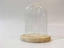 Glazen stolp met blank houten voet voor skeletklokken of jaarpendules 150/170 mm