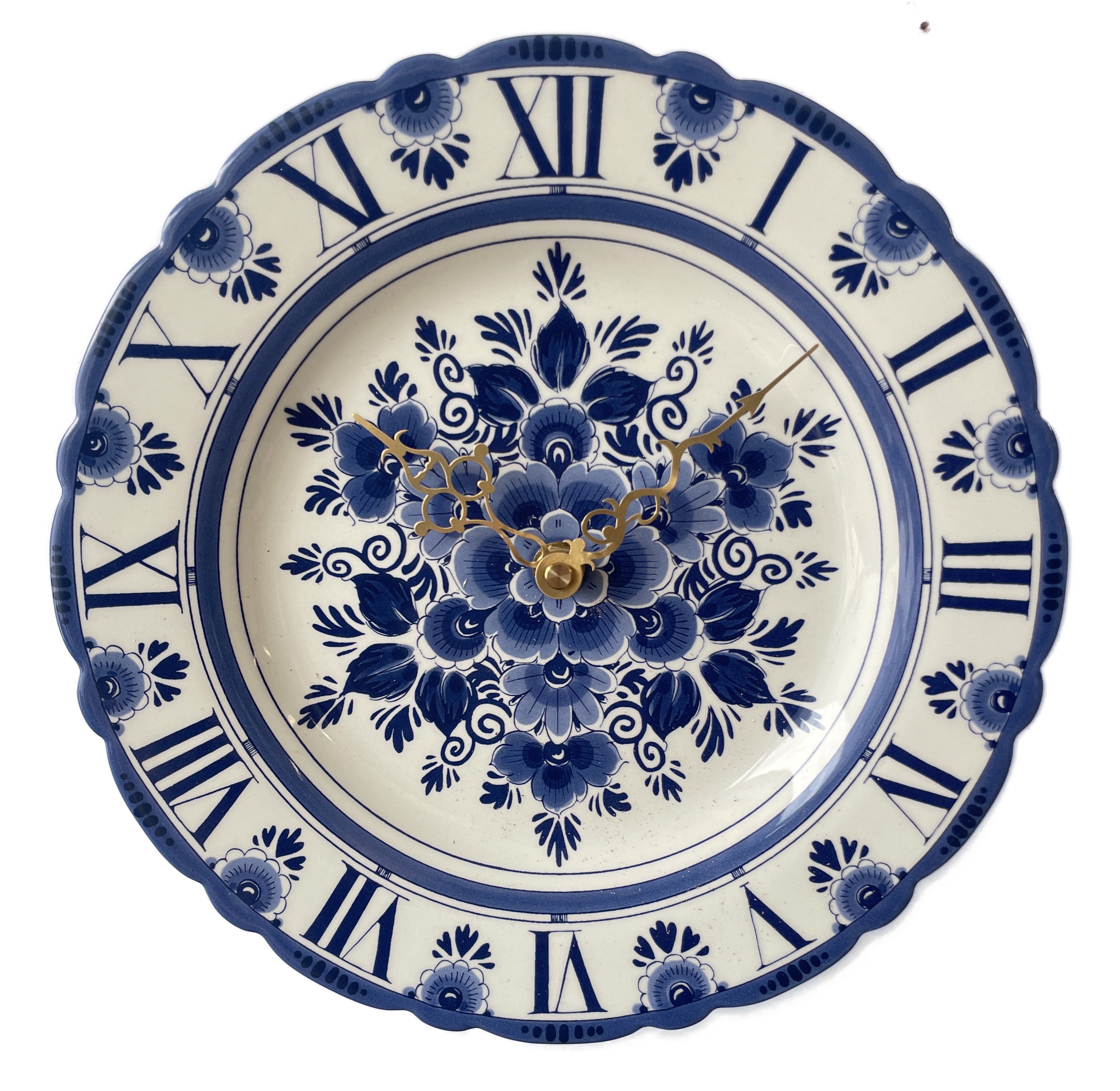 Delfts Blauw bord met Romeinse cijfers en uurwerk 25 cm