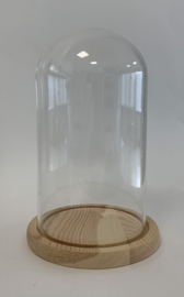 Glazen stolp met blank houten voet voor skeletklokken of jaarpendules 120/220 mm
