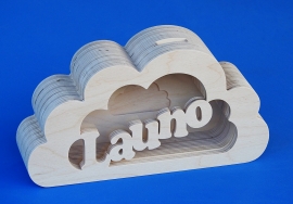 Sparbüchse Spardose Modell Wolke mit eigenem Namen aus Holz als Mutterschaftsgeschenk.