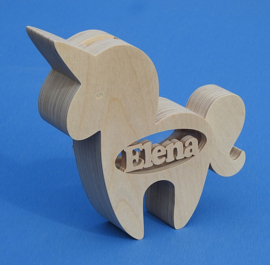 Sparbüchse Spardose Modell Einhorn mit eigenem Namen aus Holz als Mutterschaftsgeschenk.