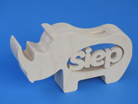 Sparbüchse Spardose Modell Nashorn mit eigenem Namen aus Holz als Mutterschaftsgeschenk.