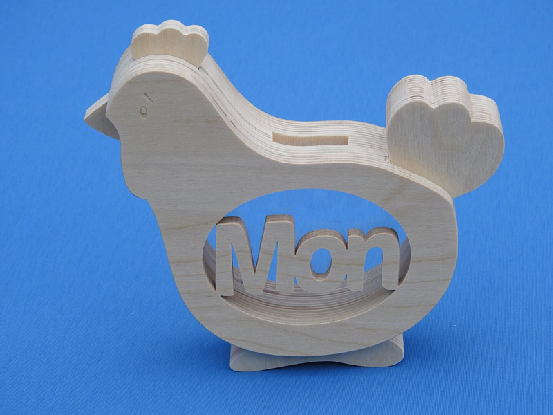 Spaarpot hout met eigen naam model Kip woodengifts