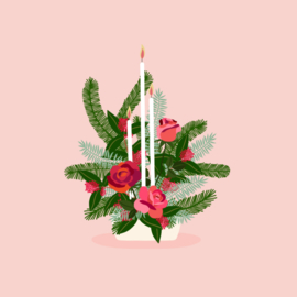 Kerstkaart | kerststukje met bloemen en kaars