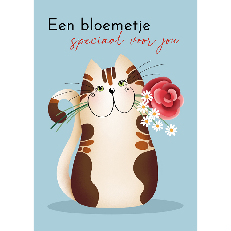 Kaartje2go.nl | Verjaardagskaart - Kat met bloemen in zijn mondje