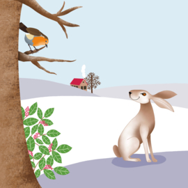 Kaartje2go.nl | Kerstkaart - Landschap met haas en roodborstje