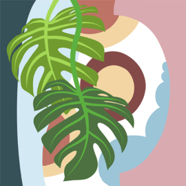 Digitale kunst | Modern abstract vrije vormen in heldere kleuren met een plant