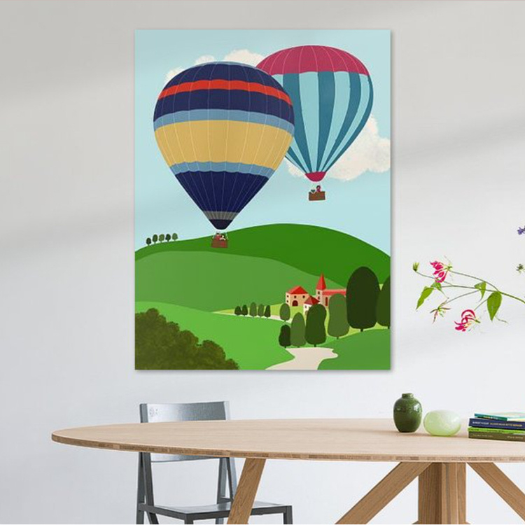 Reproductie illustratie Luchtballonnen varen over een dorp