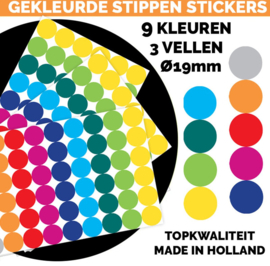 3 Maten Stippen Stickers - 1090 Ronde Etiketten - 9 Stickervellen