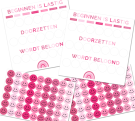 Beloningskaarten + Roze Smiley Stickers - Beginnen is Lastig, Doorzetten wordt Beloond