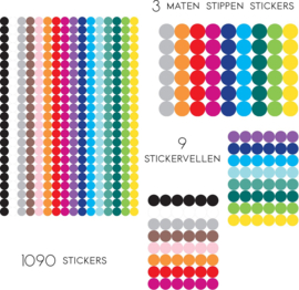 3 Maten Stippen Stickers - 1090 Ronde Etiketten - 9 Stickervellen