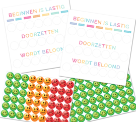 Beloningskaarten + Smiley Stickers - Beginnen is Lastig, Doorzetten wordt Beloond