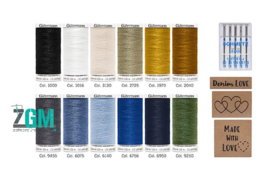 Denim-Box mit Jeans-Nähnadeln und Kunstleder-Labels