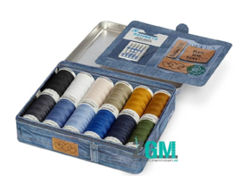 Denim-Box mit Jeans-Nähnadeln und Kunstleder-Labels