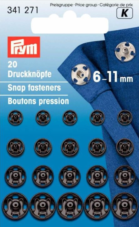 Prym Aannaaidrukknoop messing ast. 6.0-11mm zwart - 20st