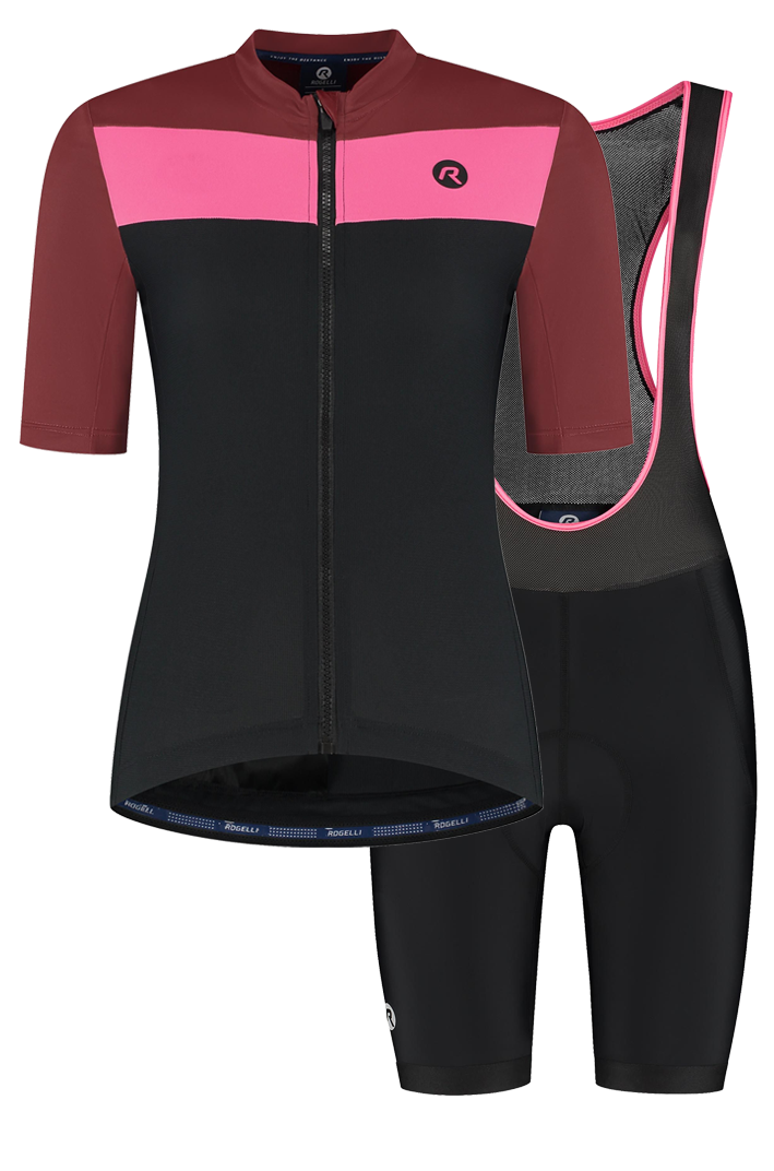 Rogelli Core Block dames zomer fietskledingset - bordeaux/roze/zwart