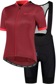 Rogelli Essential dames zomer fietskledingset (bib) - bordeaux/coral/zwart