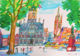 Delft, de Markt met het stadhuis en de Nieuwe Kerk