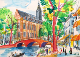 Leiden - Rapenburg met het Academiegebouw en terras van Barrera