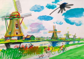 Kinderdijk met molens en fietsers