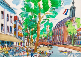 Leiden- Rapenburg met café Barrera en het Academiegebouw