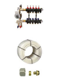 12 groep kunststof verdeler met pomp + 2x 600mtr 16mm vloerverwarmingsbuis + aansluitkoppelingen (circa 120m2)