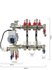 6 groeps vloerverwarming verdeler RVS met pomp links onderaansluiting