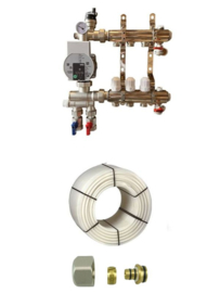 3 groep basic verdeler + 3x 90mtr vloerverwarmingsbuis 16mm + aansluitkoppelingen (circa 27m2)