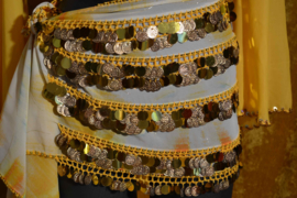 RR10 Heupsjaal met in de rijen een mix van goudkleurige munten en pailletten. Sjaal is in veel kleuren te bestellen.