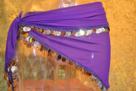 D33 Driehoek heupsjaal met rondom goudkleurige pailletten en munten. Sjaal is in diverse kleuren te bestellen.