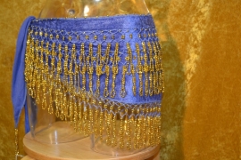 F07 Blauwe fluweelachtige heupsjaal met gouden bolletjes franje