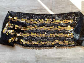 RR10 Heupsjaal met in de rijen een mix van goudkleurige munten en pailletten. Sjaal is in veel kleuren te bestellen.