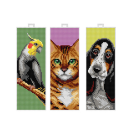 3 Boekenleggers VOGEL/POES / HOND  om te borduren