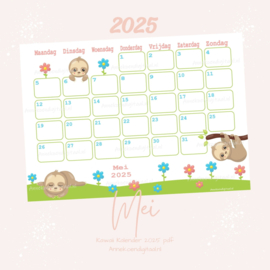 Mei 2025 kalender Luiaard - Kawaii