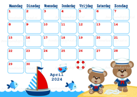 April 2024 kalender Matroos beren  - Beren