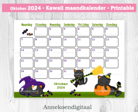 Oktober 2024 kalender Halloween katten - Kawaii