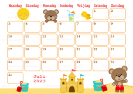 Juli 2023 kalender beren  op het strand - Beren