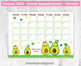 Februari 2023 kalender Avocado - Kawaii