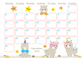 September 2024 kalender Lama - Kawaii