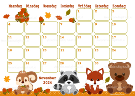 November 2024 kalender Bosdieren - Kawaii