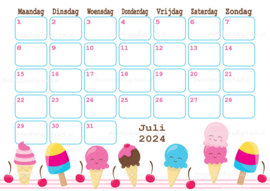 Juli 2024 kalender IJsjes - Kawaii