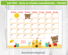 Juni 2023 kalender beren  op het strand- Beren en vrienden