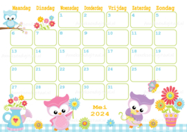 Mei 2024 kalender Uilen - Kawaii