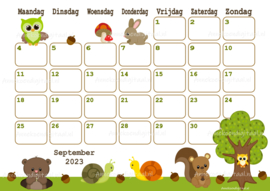 September 2023 kalender Bosdieren - Dieren