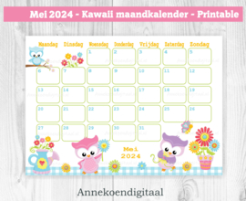 Mei 2024 kalender Uilen - Kawaii