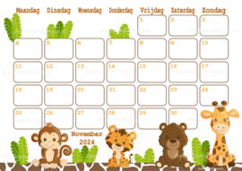 November 2024 kalender Safari - Dieren